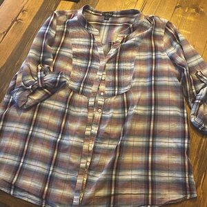 erika plaid shirt Women's XL 3/4 sleeve Blouse purple blue button front top